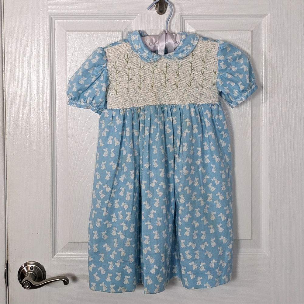 Vintage 30s-40s Handmade Dog‎ Print Floral Embroidery Kids Puff Sleeve Dress